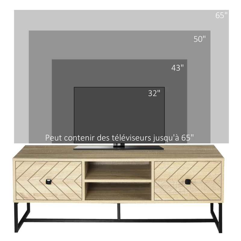 HOMCOM Meuble TV 2 tiroirs 2 niches de rangement bois et pieds en métal dim. 120L x 39l x 44,5H cm