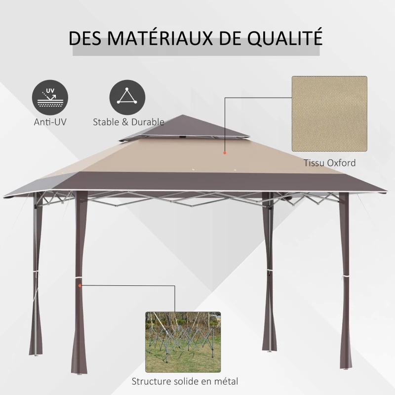 Outsunny Tonnelle barnum de jardin pop-up pliant Anti-UV 4L x 4l x 3H m acier polyester sac transport à roulettes pour la Fête, l'extérieur, Patio, Camping chocolat beige