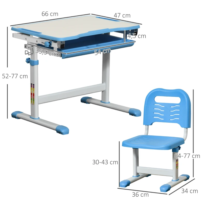 HOMCOM Pupitre Infantil 2 en 1 Juego de Escritorio y Silla para Niños de +6 Años con Altura Ajustable Mesa Regulable en Ángulo y Bandeja Deslizante 66x47x77 cm Azul