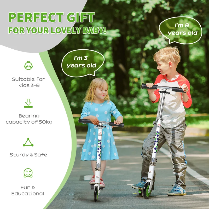 HOMCOM Kids Scooter One-Click Foldable Kick Scooter Adjustable Height for Boys and Girls 3 - 8 Years White