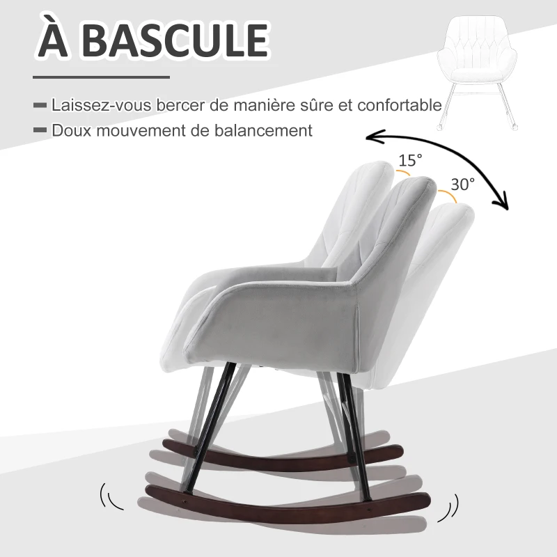 HOMCOM Fauteuil à Bascule Grand Confort accoudoirs Assise Dossier garnissage Mousse Haute densité Velours Gris Clair