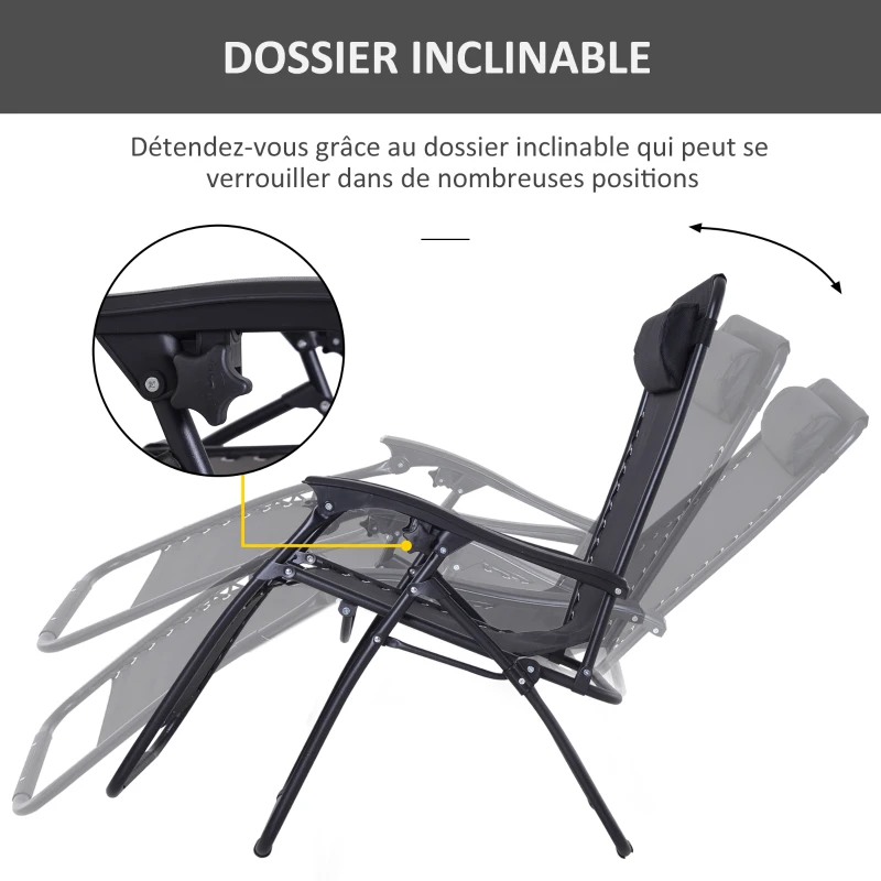 Outsunny Chaise Longue Pliable de Jardin zéro gravité tétière Acier textilène imperméable Noir