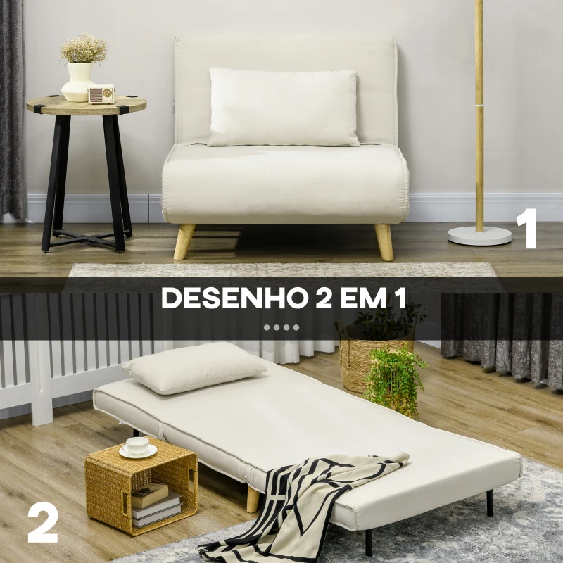 HOMCOM Poltrona 2 em 1 Sofá Cama Individual Dobrável com Encosto Ajustável e Almofada Carga 125 kg 90x78x79 cm Bege