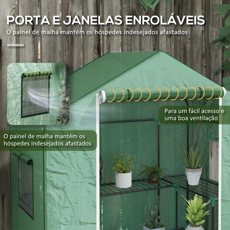 Outsunny Estufa de Jardim com 1 Porta 2 Janelas e Prateleiras de 2 Níveis em Forma de U para Cultivo de Plantas 140x73x190 cm Verde
