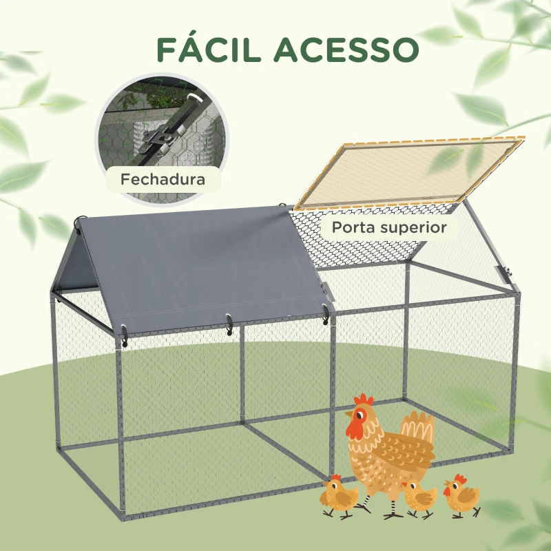 PawHut Gaiola para Pequenos Animais de Aço com 1 Porta Superior e Cobertura Anti-UV para Exterior Jardim 198x100x120 cm Prata