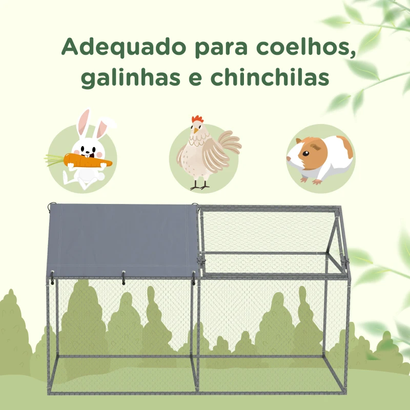 PawHut Gaiola para Pequenos Animais de Aço com 1 Porta Superior e Cobertura Anti-UV para Exterior Jardim 198x100x120 cm Prata