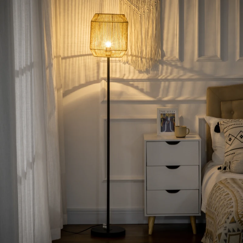 HOMCOM Farmhouse Standing Lamp, Floor Lamps with Hand Woven Rattan Lampshade for Living Room