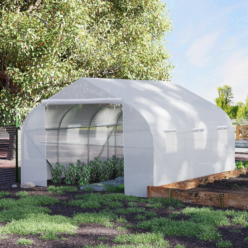 Outsunny Sera pentru grădină cu acoperiș din PE cu țevi din fier, alb, 3,5x3x2m(m-2)