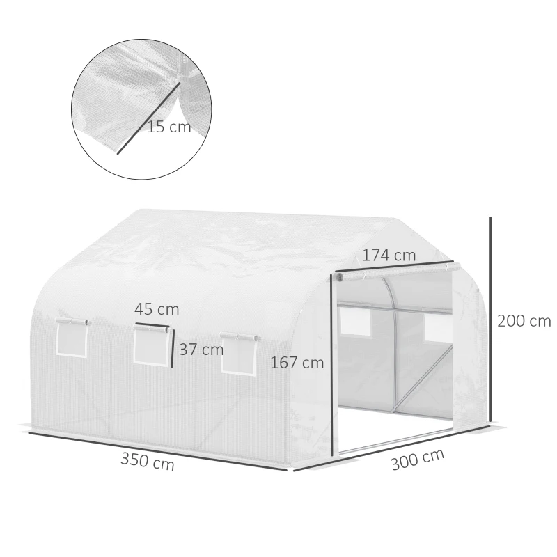 Outsunny Sera pentru grădină cu acoperiș din PE cu țevi din fier, alb, 3,5x3x2m(m-3)
