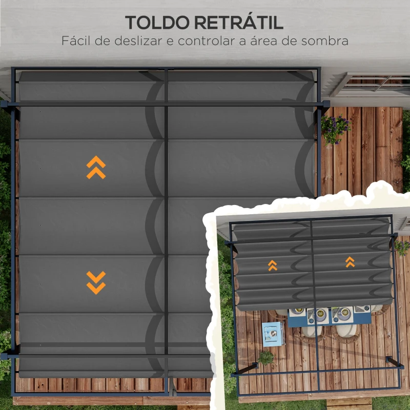 Outsunny Pérgola 3x4 Pérgola de Jardim com Teto Retrátil de Poliéster e 12 Orifícios de Drenagem Cinza