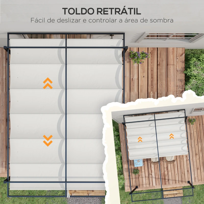 Outsunny Pérgola 3x4 Pérgola de Jardim com Teto Retrátil de Poliéster e 12 Orifícios de Drenagem Branco