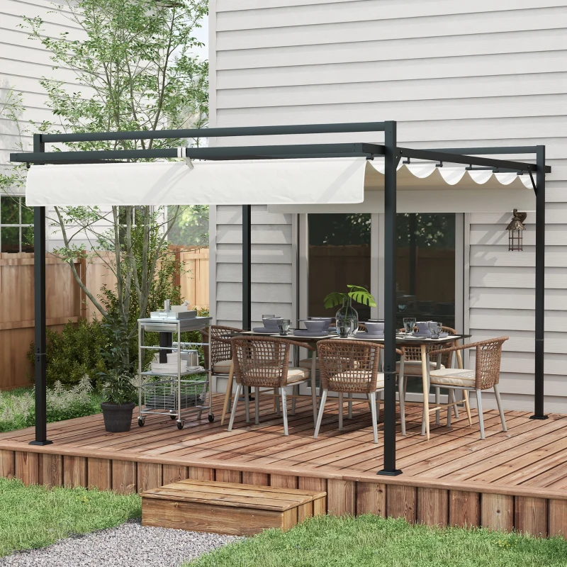 Outsunny Pérgola 3x4 Pérgola de Jardim com Teto Retrátil de Poliéster e 12 Orifícios de Drenagem Branco