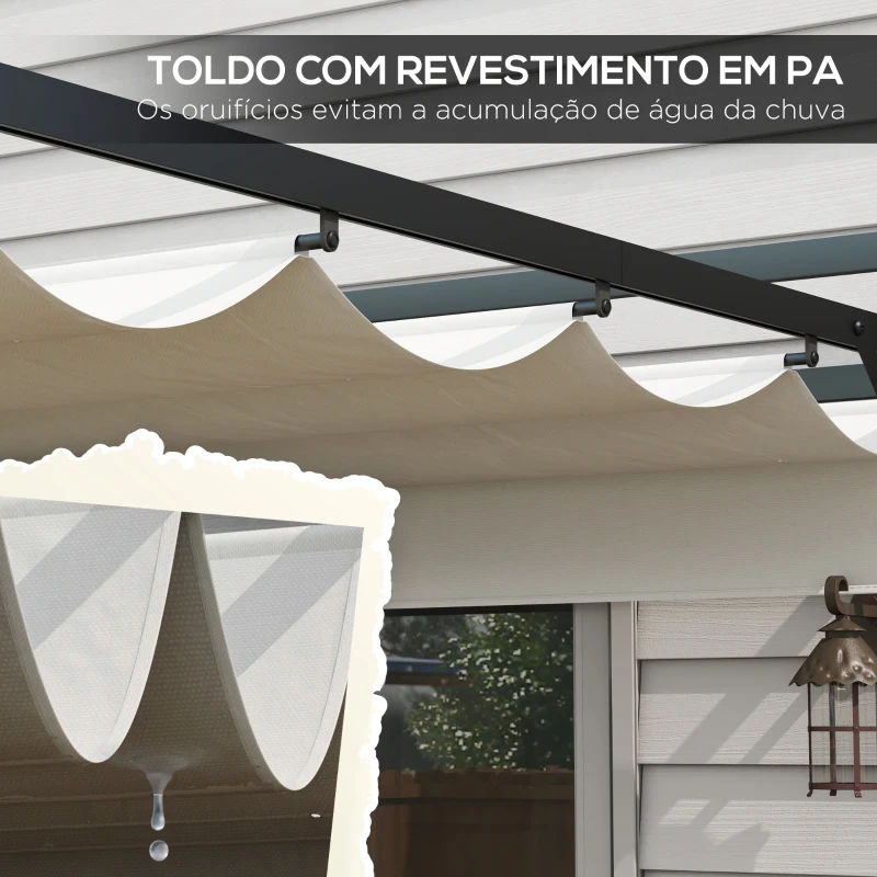Outsunny Pérgola 3x4 Pérgola de Jardim com Teto Retrátil de Poliéster e 12 Orifícios de Drenagem Branco