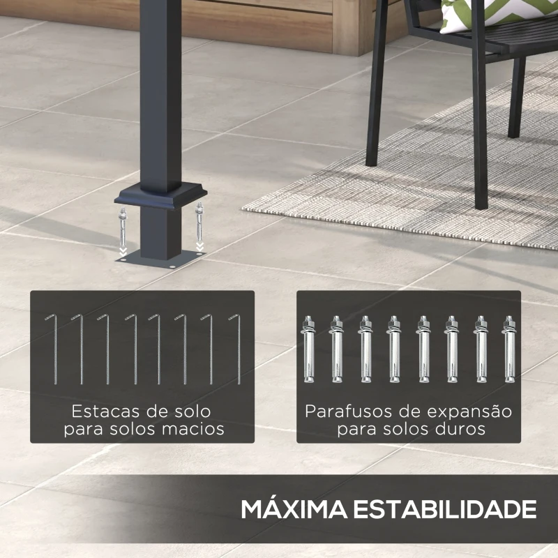 Outsunny Pérgola 3x4 Pérgola de Jardim com Teto Retrátil de Poliéster e 12 Orifícios de Drenagem Cinza