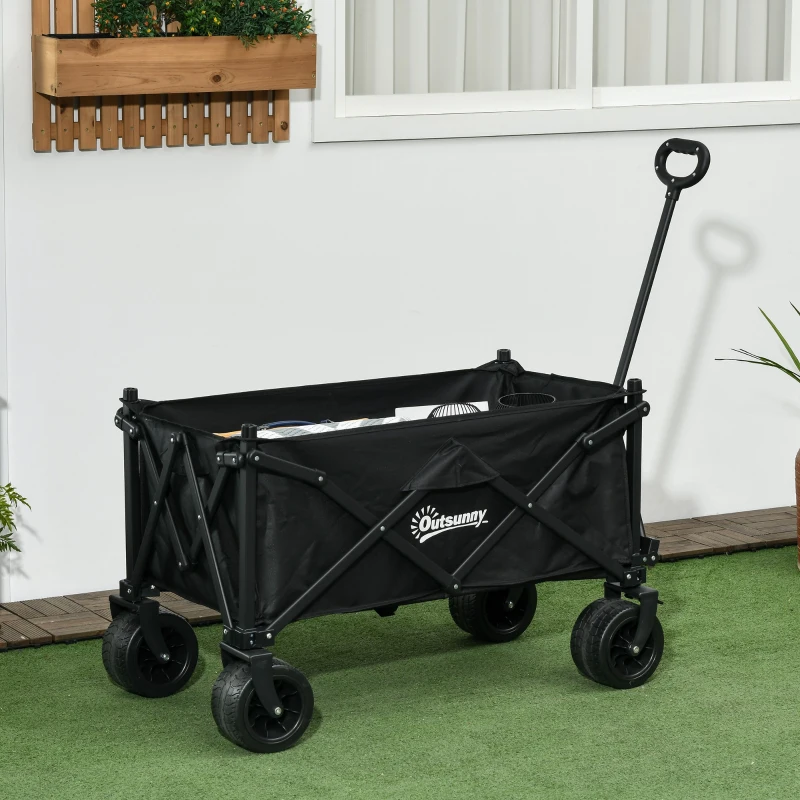Outsunny Folding Garden Trolley, Outdoor Wagon Cart with Carry Bag, for Beach, Camping, Festival, 120KG Capacity, Black