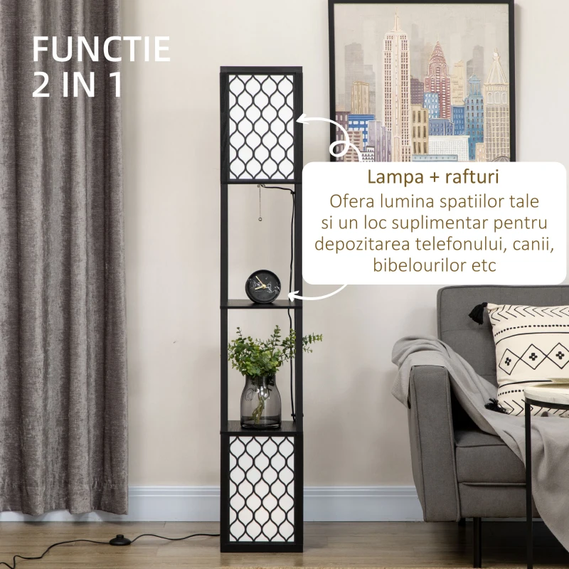 HOMCOM Lampa de podea coloana din MDF si plastic PP cu 2 rafturi, pentru camera de zi, studiu si dormitor, 26x26x156cm, alb si negru