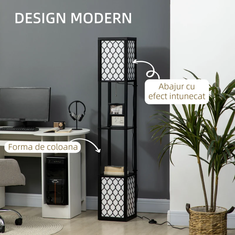 HOMCOM Lampa de podea coloana din MDF si plastic PP cu 2 rafturi, pentru camera de zi, studiu si dormitor, 26x26x156cm, alb si negru