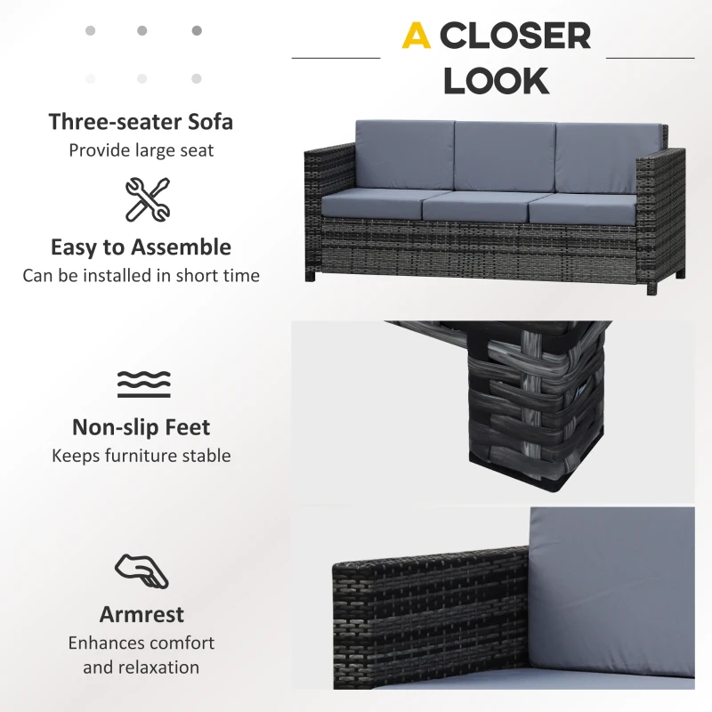 Outsunny 3 Seater Rattan Sofa with 10 cm Thick Padded Cushion, All-Weather PE Wicker Weave Garden Three-seater Bench with Armrests, Mixed Grey
