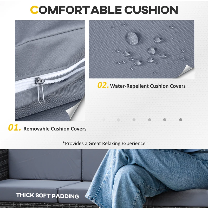 Outsunny 3 Seater Rattan Sofa with 10 cm Thick Padded Cushion, All-Weather PE Wicker Weave Garden Three-seater Bench with Armrests, Mixed Grey