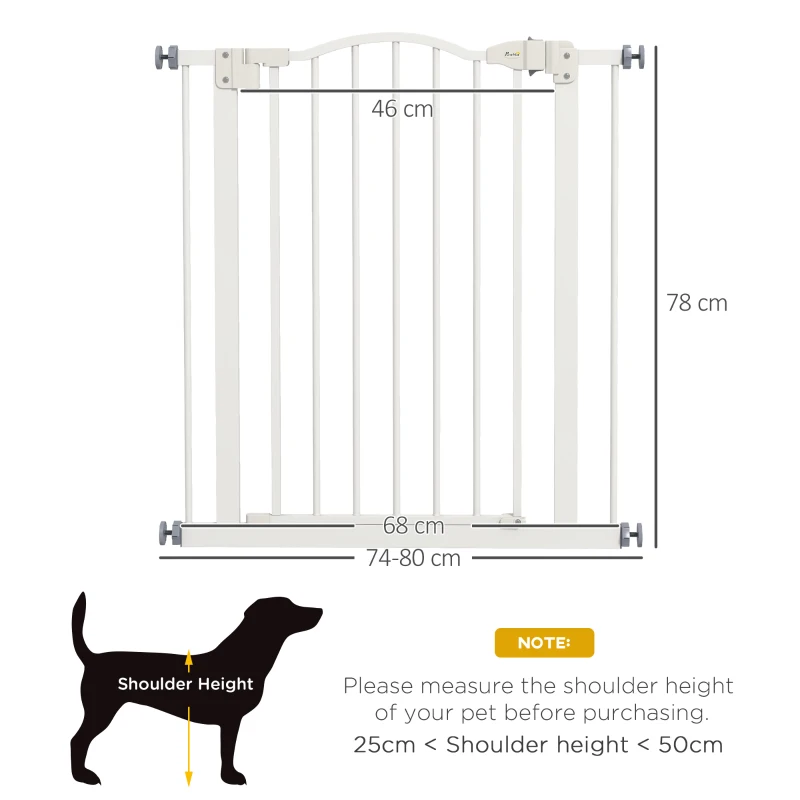 PawHut Pressure Fit Dog Stair Gate No Drilling Safety Gate Auto Close for Doorways, Hallways, 74-80cm Adjustable, 78cm Tall, White
