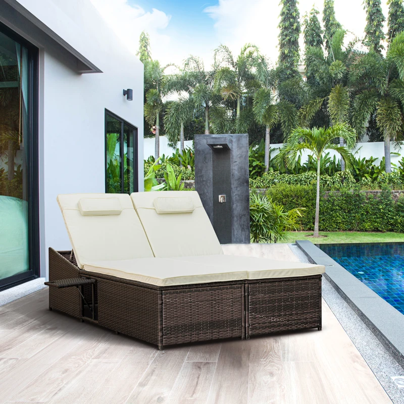 Outsunny 2 Seater Double Rattan Sun Lounger Recliner Day Bed Outdoor Wicker Weave Furniture Sofa w/ Fire Retardant Cushions – Cream
