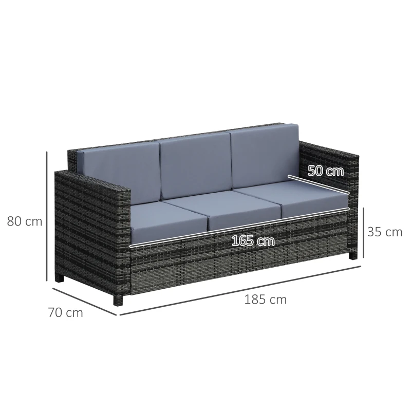 Outsunny 3 Seater Rattan Sofa with 10 cm Thick Padded Cushion, All-Weather PE Wicker Weave Garden Three-seater Bench with Armrests, Mixed Grey