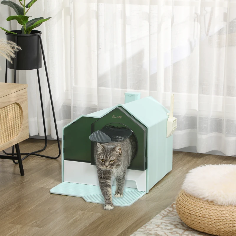 PawHut Hooded Cat Litter Tray w/ Scoop Light Blue
