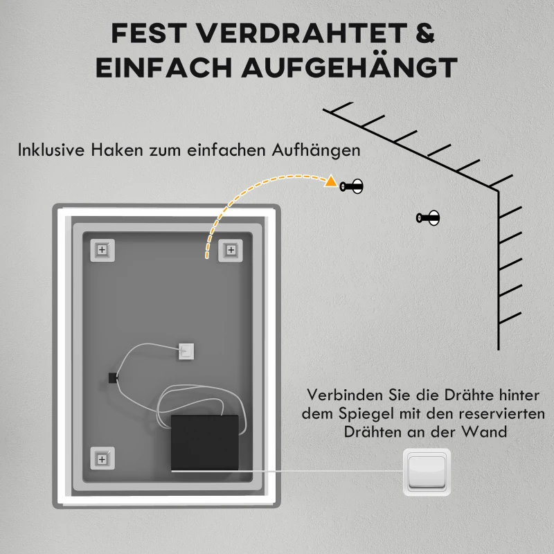 HOMCOM Badkamerspiegel met LED-verlichting, aanraakschakelaar, anti-condensfunctie, 60 x 80 x 4 cm, wit