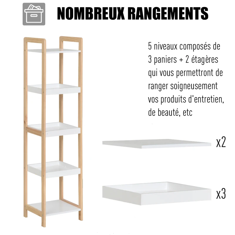 HOMCOM Lot de 2 étagères en bambou de salle de bain étagère Debout 6 paniers + 4 étagères dim. 32L x 30l x 130H cm Beige Blanc