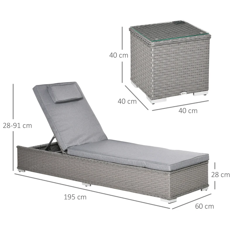 Outsunny 3PC Rattan Sun Lounger  Set Garden Recliner Chairs with Side Table 5-Position Adjustable Lounger back Beach Pool Grey