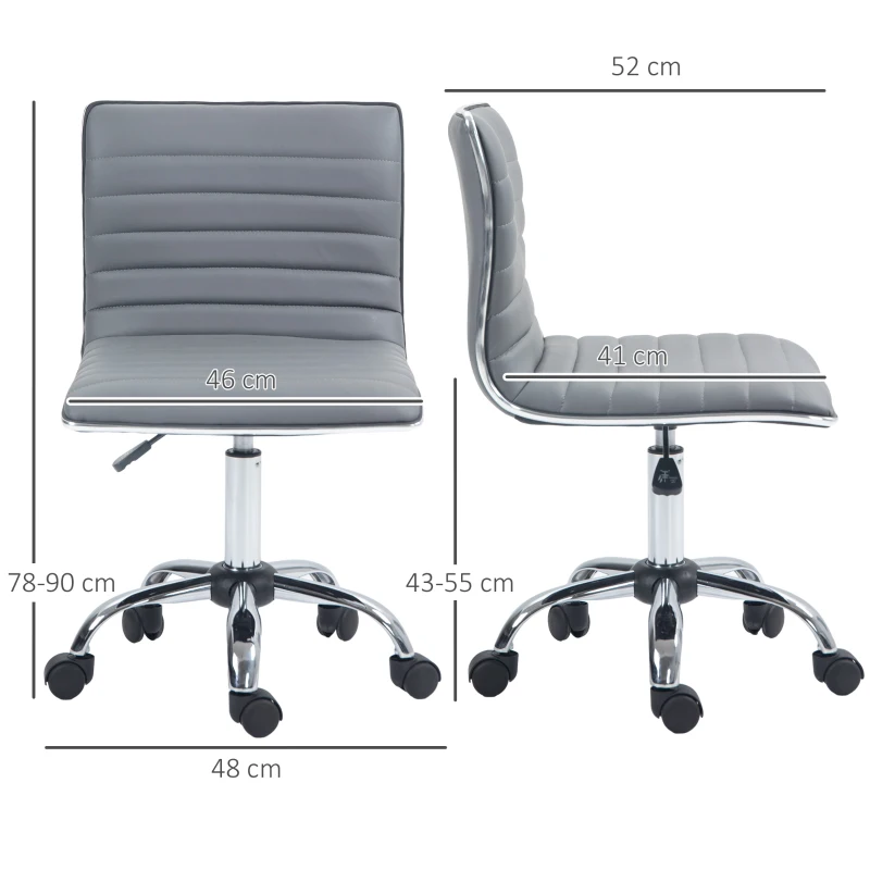 HOMCOM Adjustable Swivel Office Chair - Armless Mid-Back in PU Leather with Chrome Base, Light Grey
