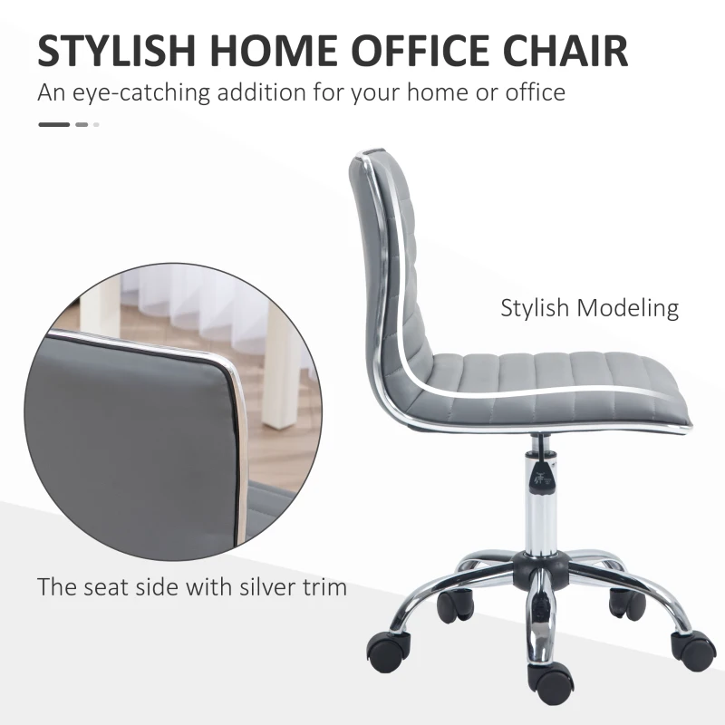 HOMCOM Adjustable Swivel Office Chair - Armless Mid-Back in PU Leather with Chrome Base, Light Grey