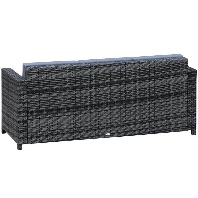 Outsunny 3 Seater Rattan Sofa with 10 cm Thick Padded Cushion, All-Weather PE Wicker Weave Garden Three-seater Bench with Armrests, Mixed Grey