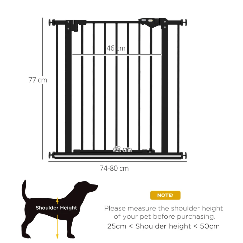 PawHut 74-80cm Extendable Dog Gate, Metal, Wide Adjustable Black