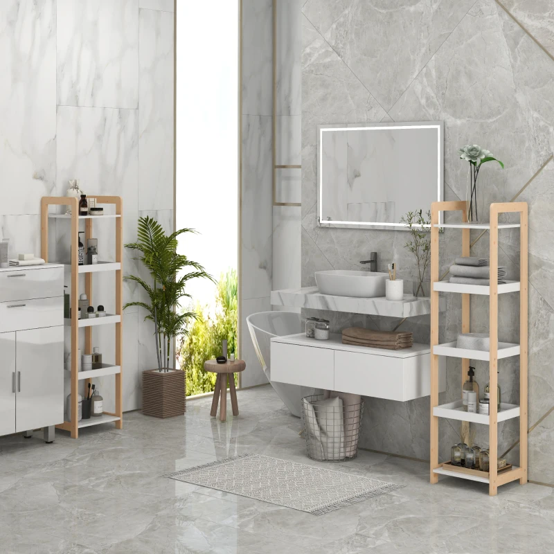 HOMCOM Lot de 2 étagères en bambou de salle de bain étagère Debout 6 paniers + 4 étagères dim. 32L x 30l x 130H cm Beige Blanc