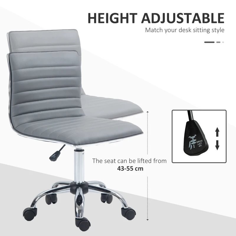 HOMCOM Adjustable Swivel Office Chair - Armless Mid-Back in PU Leather with Chrome Base, Light Grey