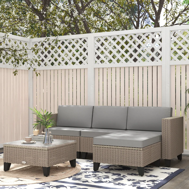 Outsunny 5-Piece Rattan Patio Furniture Set with Corner Sofa, Footstools, Coffee Table, for Poolside, Brown