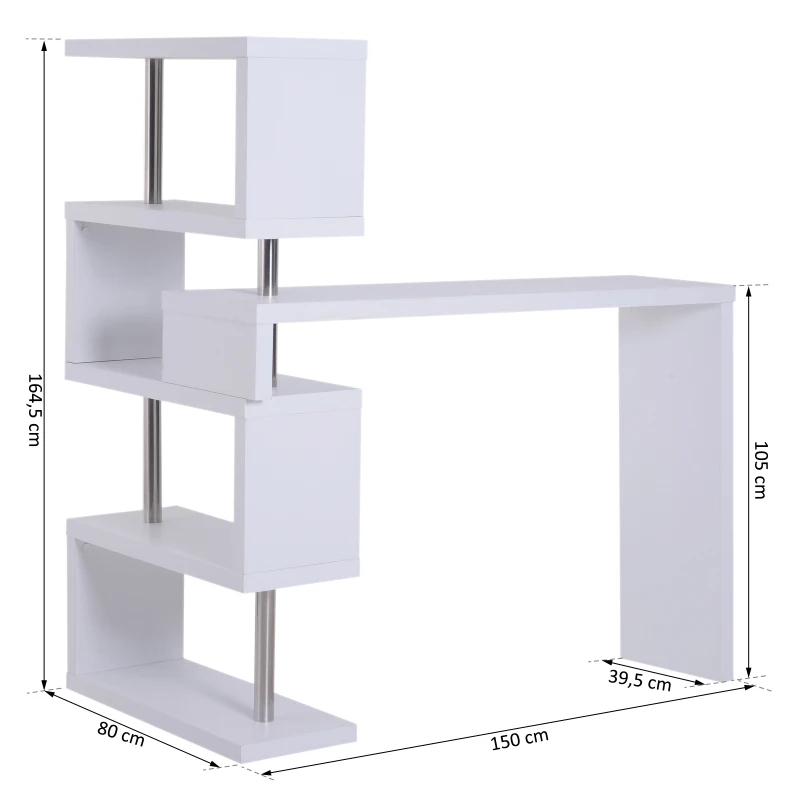 HOMCOM Birou modern cu biblioteca incorporata, Finisaj din lemn alb