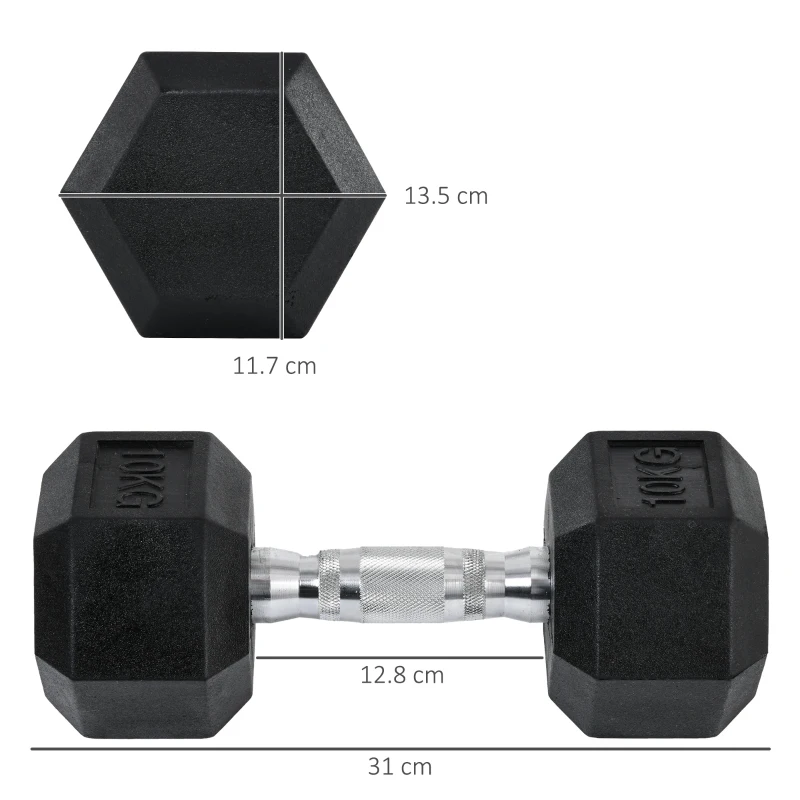 HOMCOM Set 2 gantere hexagonale de 10kg din metal si cauciuc pentru antrenamente acasa si la birou, negru