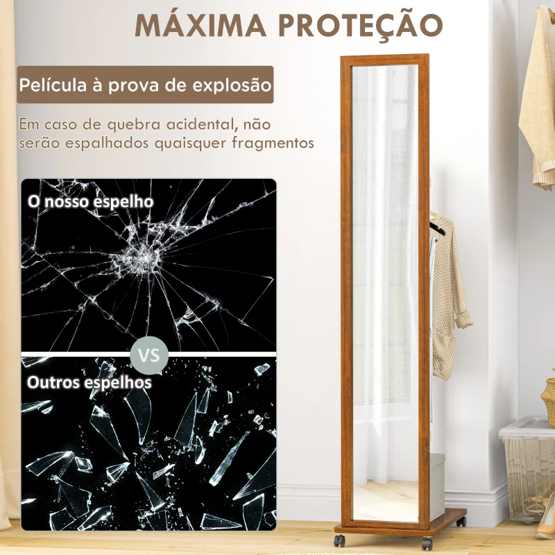HOMCOM Espelho de Pé com Rodas Espelho de Corpo Inteiro com Barra para Pendurar Roupa e Prateleira 35,5x49,5x167,8 cm Nogueira