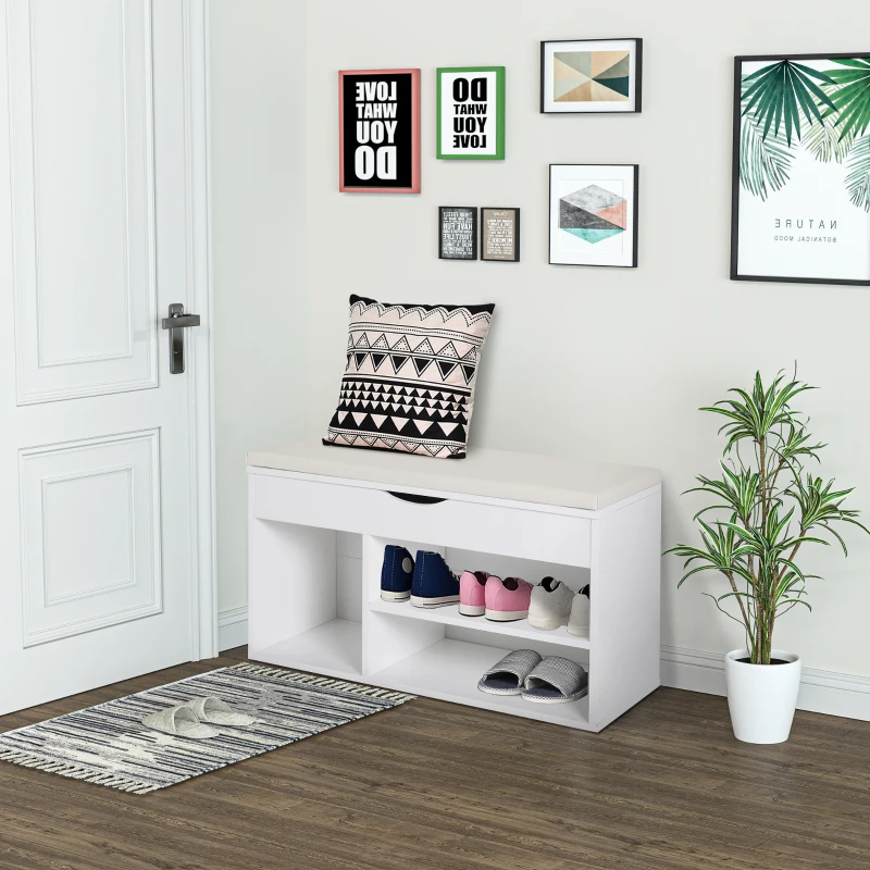 Homcom Banca Pantofi Alba 80×30×47 cm – Cu Sertar & sezut Rabatabil