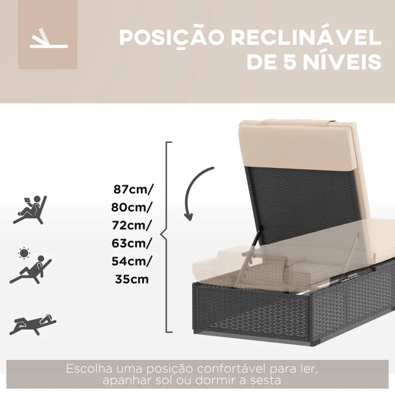 Outsunny Espreguiçadeira de Vime Reclinável para Jardim com Encosto Ajustável em 5 Níveis Mesinha 196x62x35 cm Preto e Bege