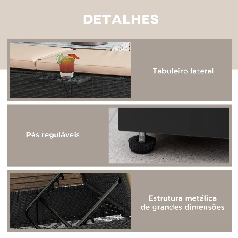 Outsunny Espreguiçadeira de Vime Reclinável para Jardim com Encosto Ajustável em 5 Níveis Mesinha 196x62x35 cm Preto e Bege