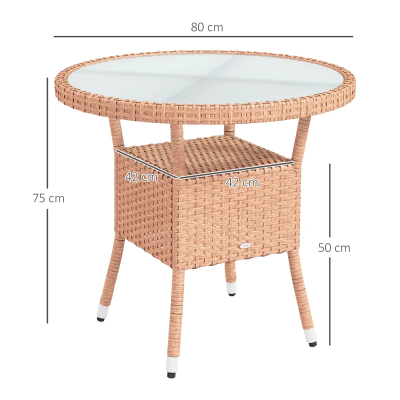 Outsunny Mesa de Vime Redonda Ø80x75 cm Mesa de Jardim com Prateleira Tampo de Vidro para Terraço e Pátio Natural