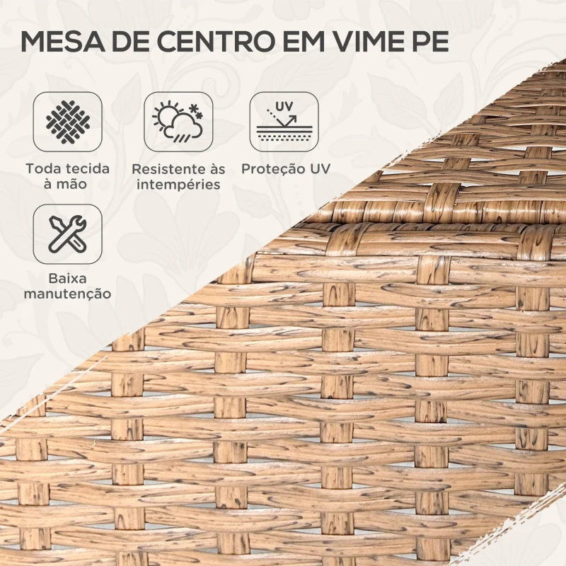 Outsunny Mesa de Vime Redonda Ø80x75 cm Mesa de Jardim com Prateleira Tampo de Vidro para Terraço e Pátio Natural