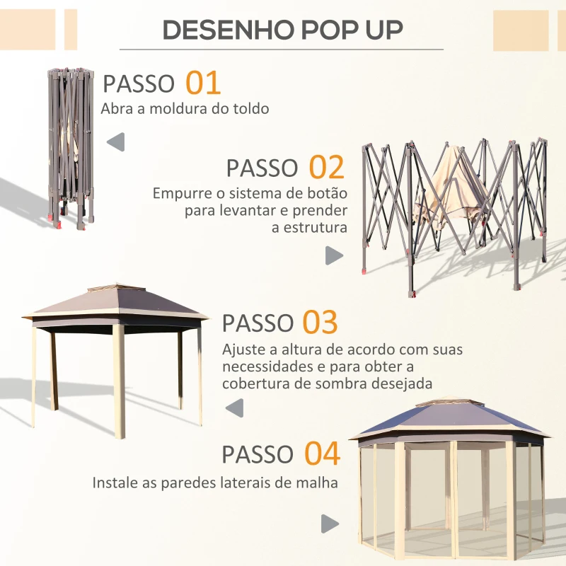 Outsunny Tenda Dobrável 4,05x3,4x2,85 m Tenda de Jardim Hexagonal com 6 Mosquiteiras Amovíveis e Altura Ajustável Bege