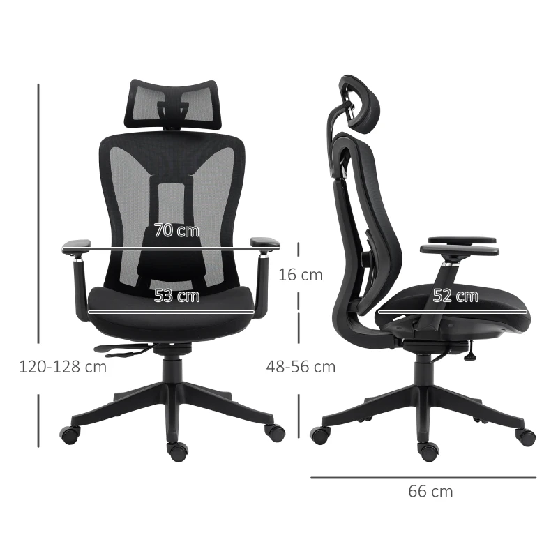Vinsetto Cadeira de Escritório de Malha Reclinável com Apoio para a Cabeça Ajustável e Suporte Lombar 70x66x120-128 cm Preto