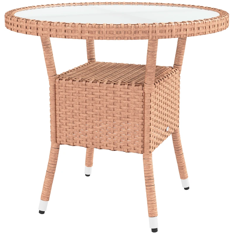 Outsunny Mesa de Vime Redonda Ø80x75 cm Mesa de Jardim com Prateleira Tampo de Vidro para Terraço e Pátio Natural
