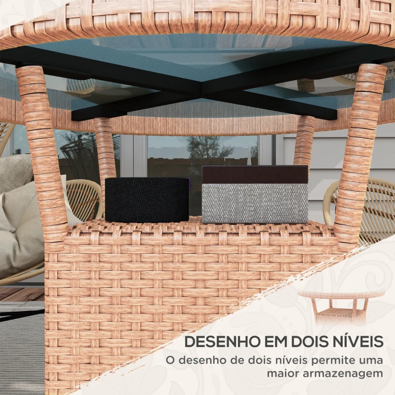 Outsunny Mesa de Vime Redonda Ø80x75 cm Mesa de Jardim com Prateleira Tampo de Vidro para Terraço e Pátio Natural