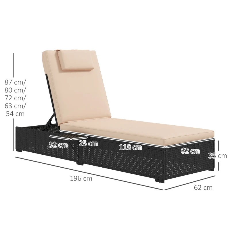 Outsunny Espreguiçadeira de Vime Reclinável para Jardim com Encosto Ajustável em 5 Níveis Mesinha 196x62x35 cm Preto e Bege